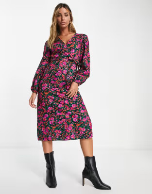 Vila midi wrap dress in pink floral print | ASOS (Global)