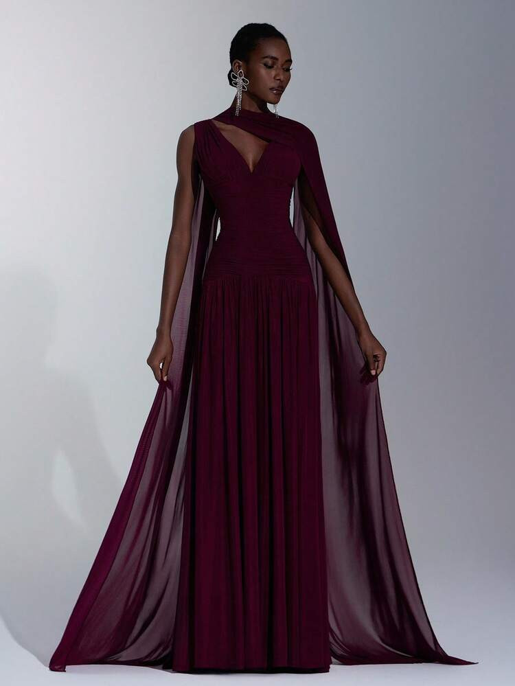 Elitara Elegant Burgundy Glossy Mesh V-Neck Ruched A-Line Skirt With Detachable Chiffon Flounce,O... | SHEIN