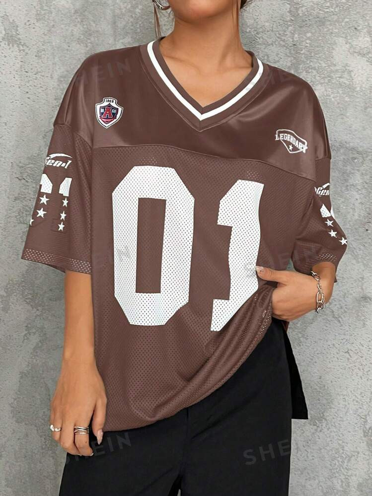 SHEIN EZwear Casual Sports Color-Block Loose Short Sleeve T-Shirt With Digital Print And Drop Sho... | SHEIN