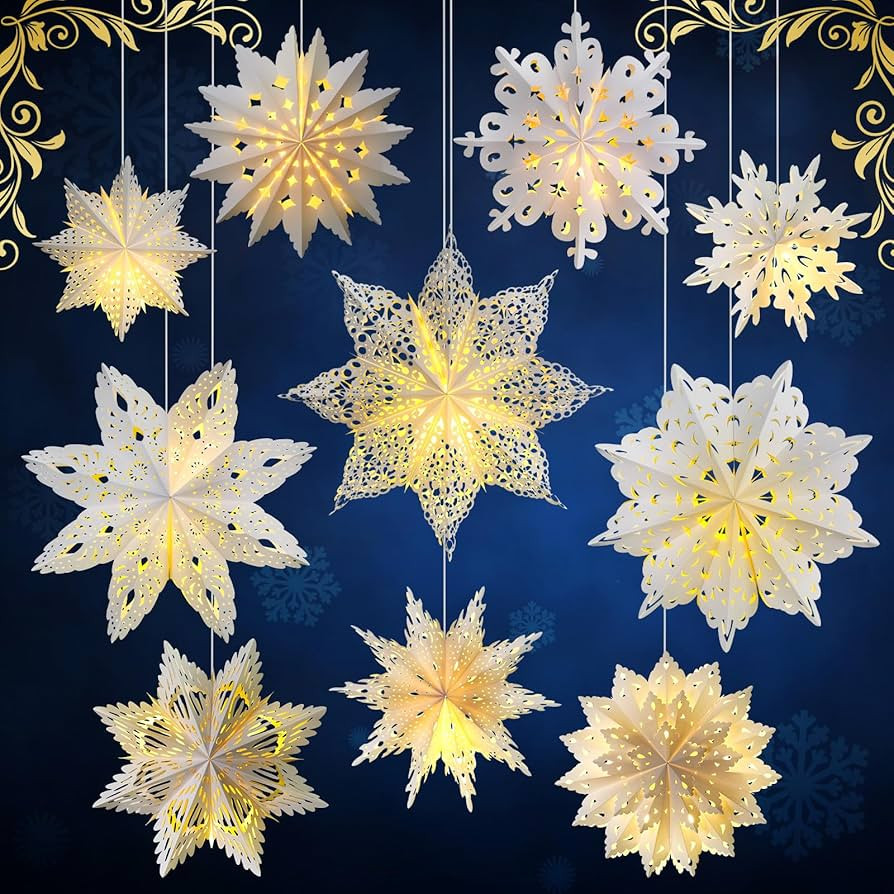 Mudder 10 Pcs Snowflake Paper Lantern Paper Star Lantern with 14 LED Light Paper Lamp Frozen Part... | Amazon (US)