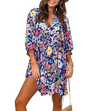 miduo Womens Casual V Neck Summer Half Sleeve Bohemian Floral Mini Tunic Short Dresses | Amazon (US)