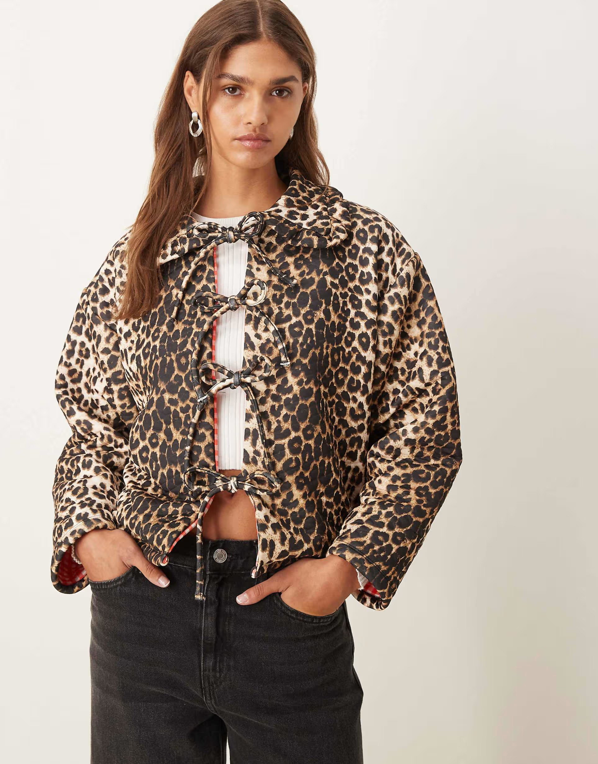 ASOS DESIGN quilted long sleeve jacket in leopard with gingham | ASOS (Global)