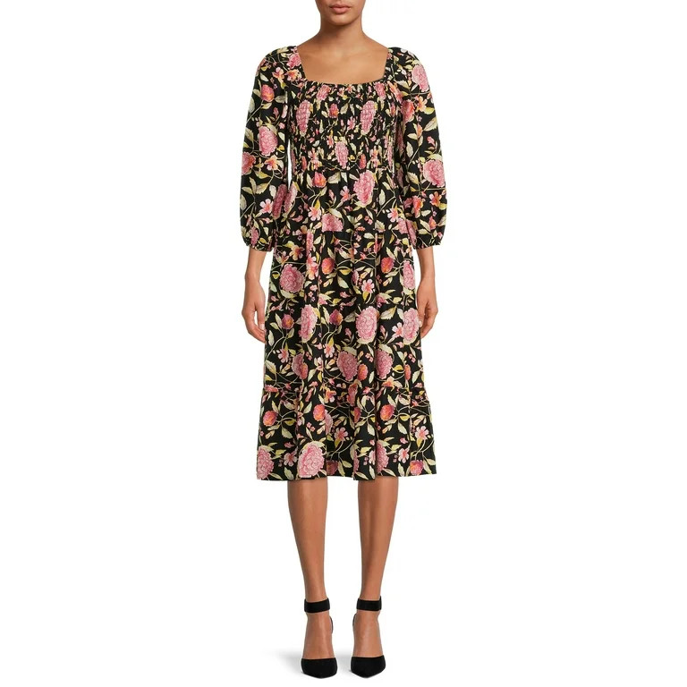 Time and Tru Women's Long Sleeve Smocked Midi Dress, Sizes XS-XXXL | Walmart (US)
