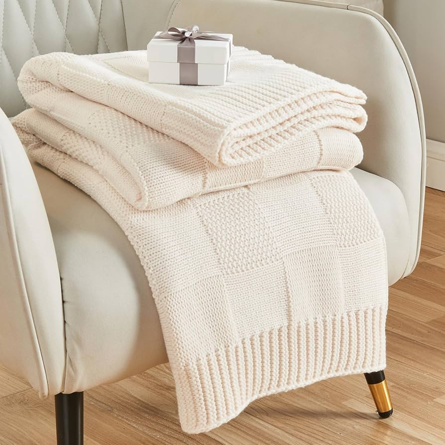 CozeCube Check Knit Throw Blanket, Cream White Checkered Throw for Couch, Decorative Christmas So... | Amazon (US)