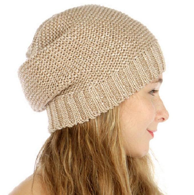 Slouchy Metallic Knit Beanie Hat (Taupe) | Amazon (US)