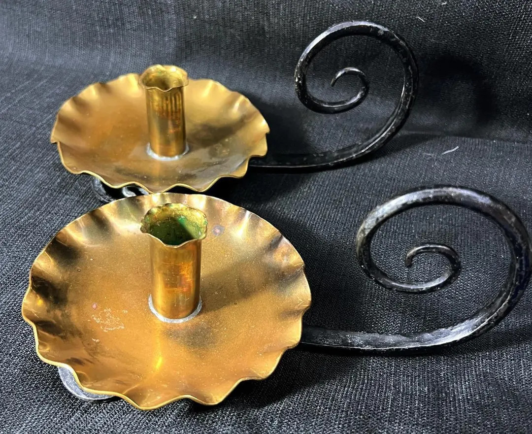 Vintage Pair of Two Wrought Iron Brass Chamberstick Candlesticks Candle Holders | Etsy (US)
