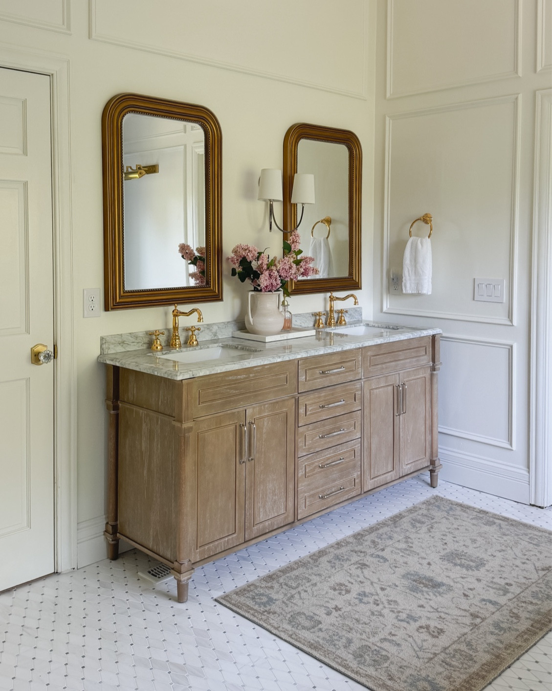 Wall color: Sherwin Williams Greek Villa 

Bathroom decor, bathroom vanity, oak vanity, Home Depot, Wayfair, faucet, Kingston brass, Serena and lily wallpaper, home decor, spring decor, neutral decor 

#LTKHome #LTKStyleTip #LTKSaleAlert