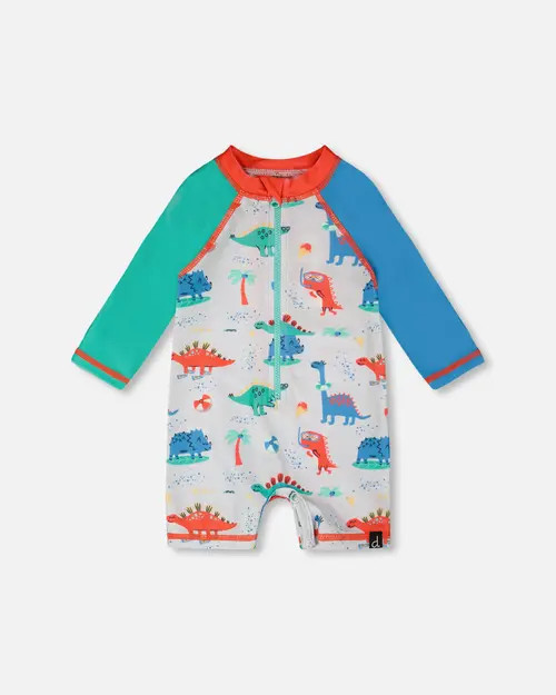 Deux par Deux One-Piece Long Sleeve Dinosaur Rashguard in Grey Printed Baby Dinosaurs at Nordstrom, Size 2-3T | Nordstrom