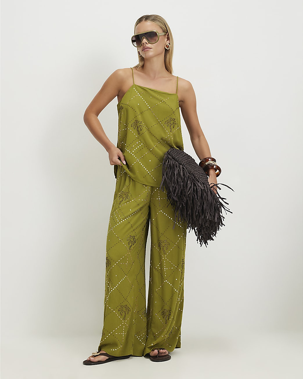Petite Green Embellished Trousers | River Island UK & IE