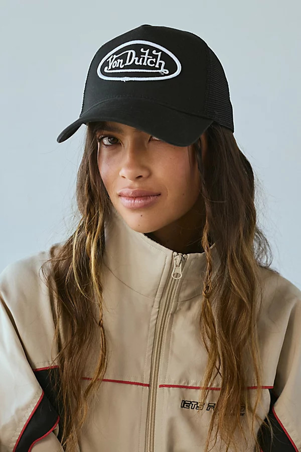 Von Dutch Logo Trucker Hat in Black, Women's at Urban Outfitters | Urban Outfitters (US and RoW)