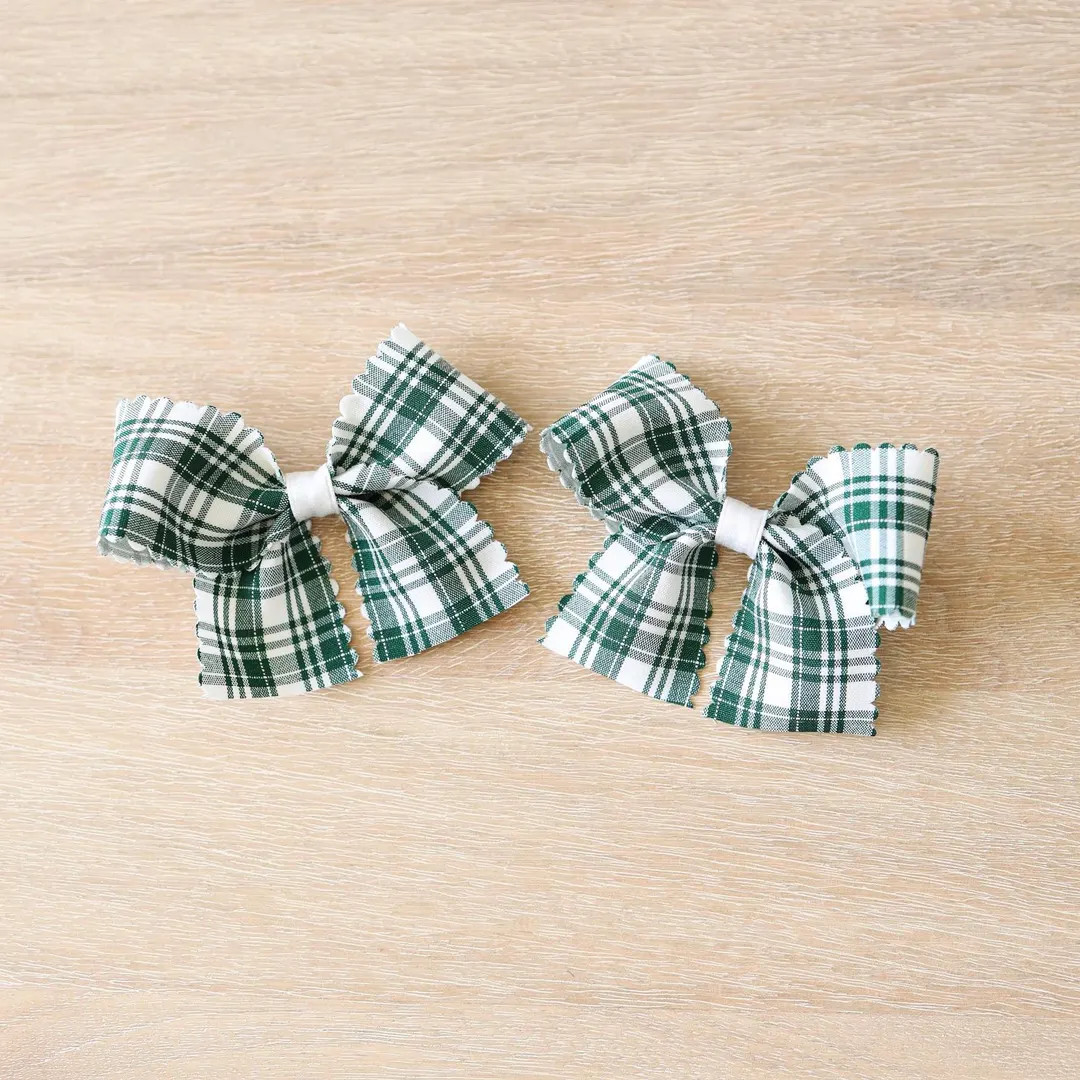 Green Scalloped Edge Plaid Pigtail Bows, Green Pigtail Bows, Green Plaid Pigtail Bows, Plaid Pigt... | Etsy (US)
