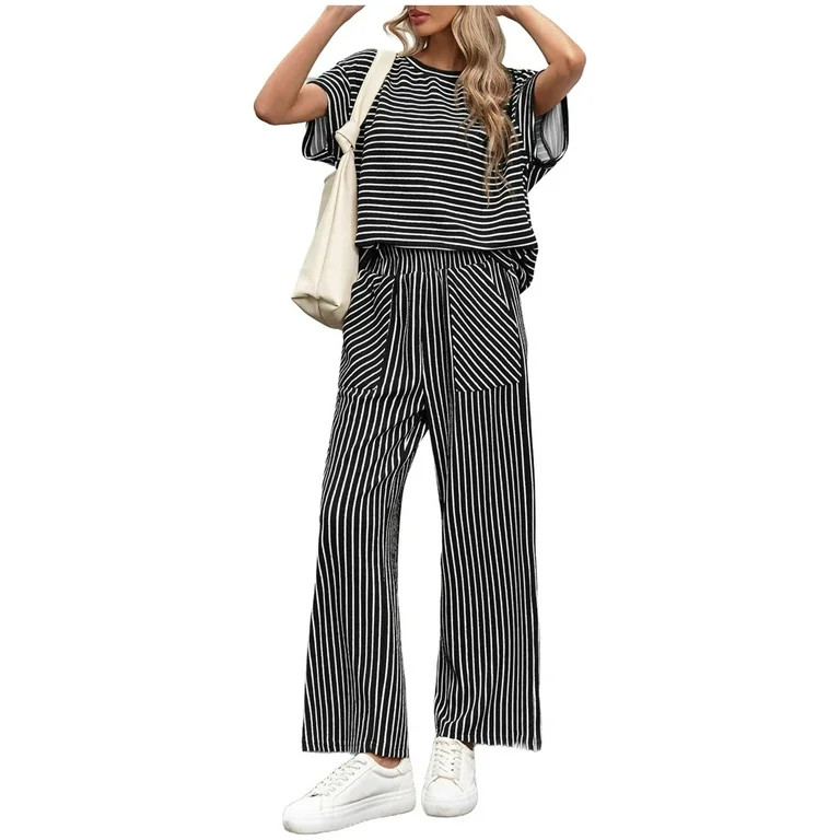 Women Short Sleeve Casual 2 Piece Sets Stripe Print Shirt Tops and Wide Leg Pants Lounge Sets | Walmart (US)