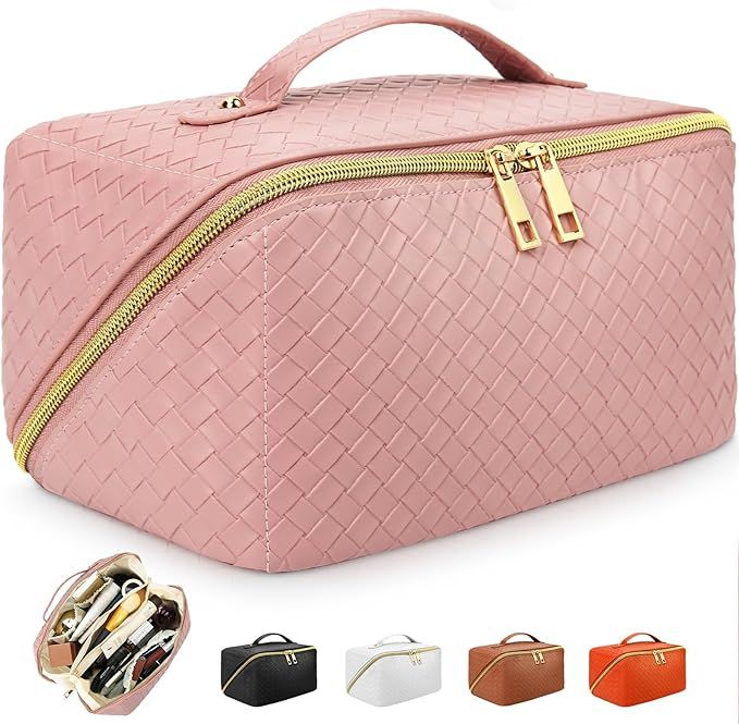 AURUZA Large Capacity Makeup Bag, Travel Cosmetic Bag With Handle and Divider Flat Lay Makeup Org... | Amazon (US)