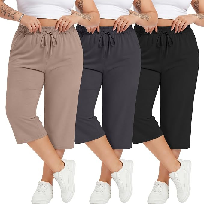 Neer 3 Pack Women's Plus Size Cotton Capris, Stretchy Wide Leg Cropped Pants with Pockets Loose L... | Amazon (US)