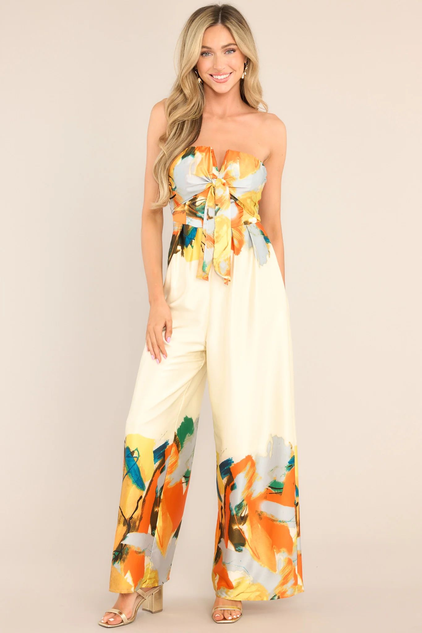 Fresh Beginnings Ivory Multi Print Strapless Jumpsuit | Red Dress