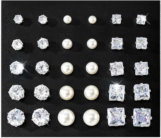 KISS WIFE Silver Stud Earrings Set for Women, Round Square Triangle Teardrop Shapes Pearl Clear C... | Amazon (US)
