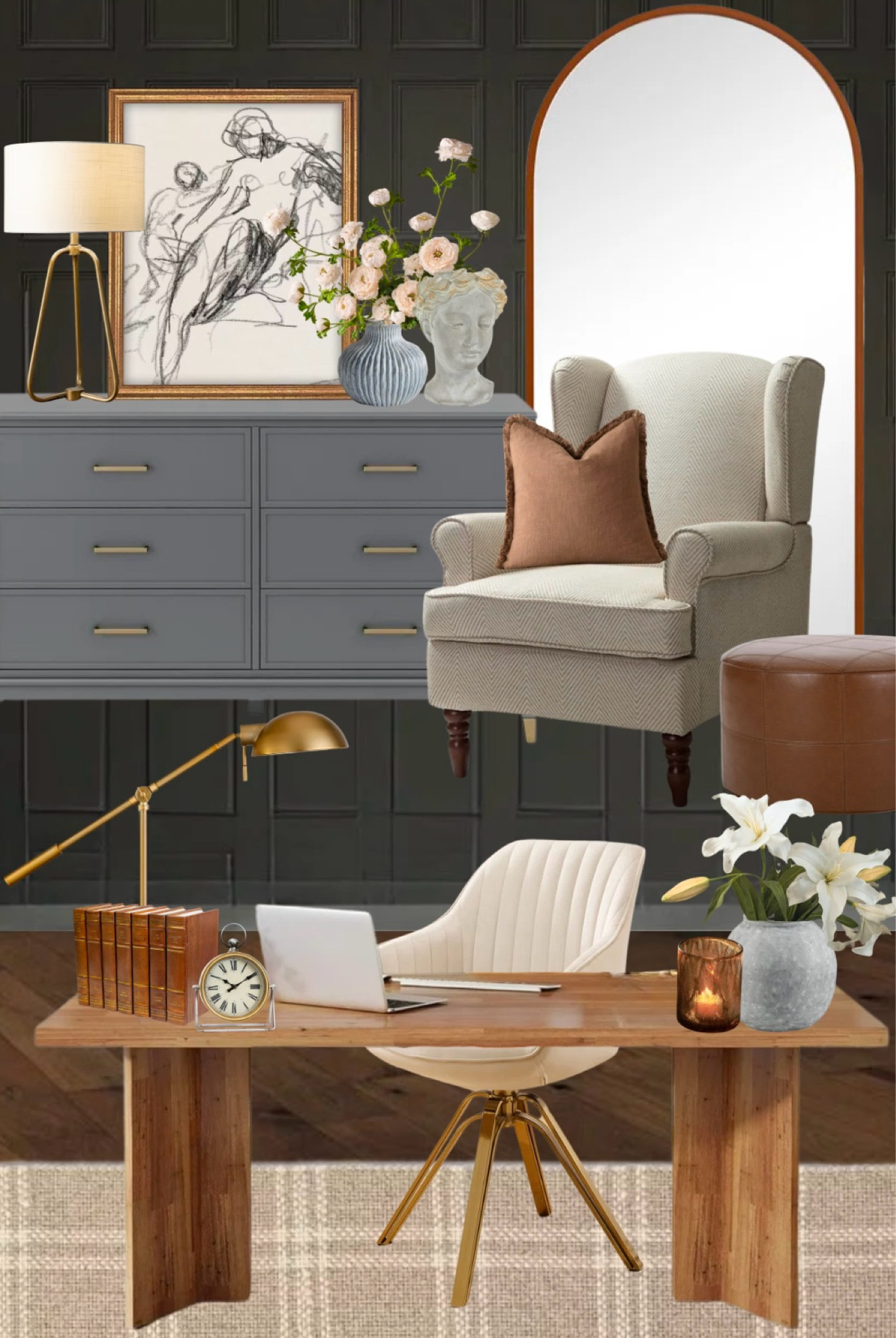 If you favor a moody office with darker walls, this board is for you. 🤎 I provided three carpet options: a more neutral beige, a darker blue gray and a fun cow hide print. I honestly could not decide which I loved best! Lots of fun accents to bring in some feminine touches to a more masculine space  

#LTKHome #LTKSaleAlert #LTKStyleTip