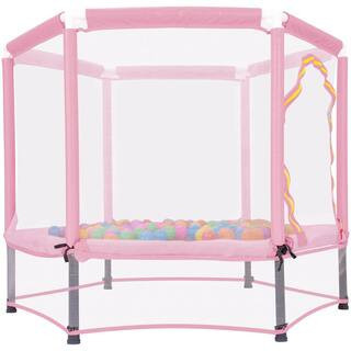 55 in. Outdoor Park Pink Kids Mini Trampoline with Safety Enclosure and Ocean Balls | The Home Depot