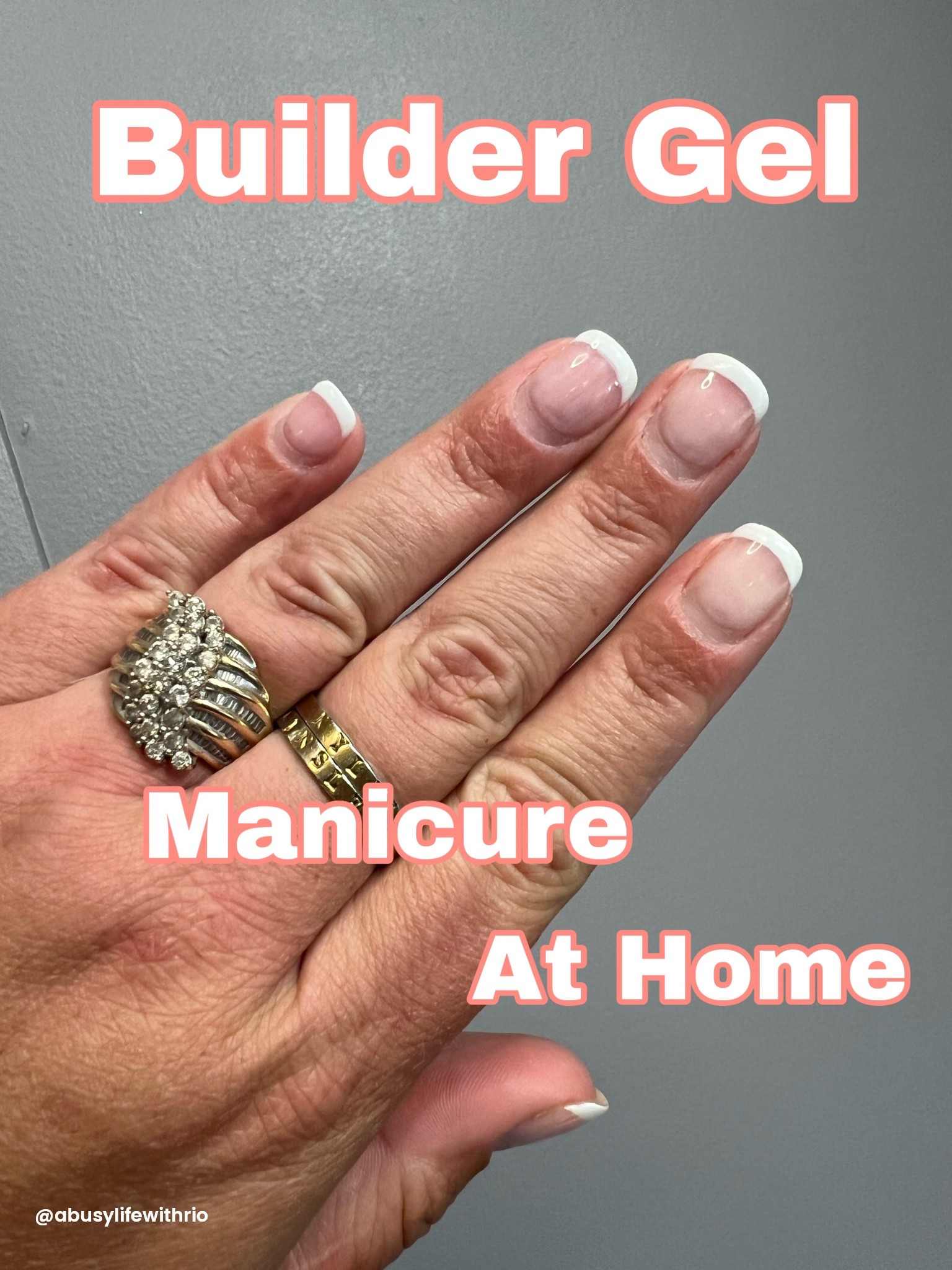 Builder Gel Manicure At Home! I have saved SO MUCH money by doing my own nails at home!! 
Tons of tutorials on how to do it! But the basics are to prep the nail; meaning to push cuticles back, use cuticle remover, cut any dead skin away, file your nail rough, then wipe with alcohol. 
