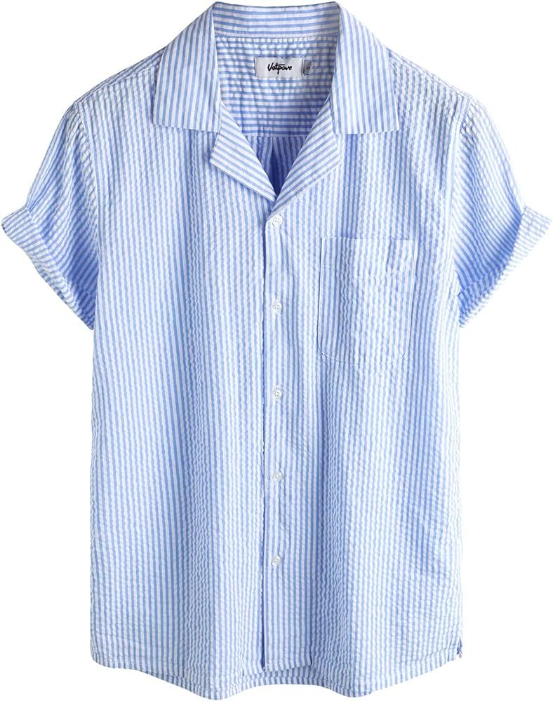 VATPAVE Mens Striped Summer Shirt Casual Button Down Short Sleeve Beach Shirts | Amazon (US)