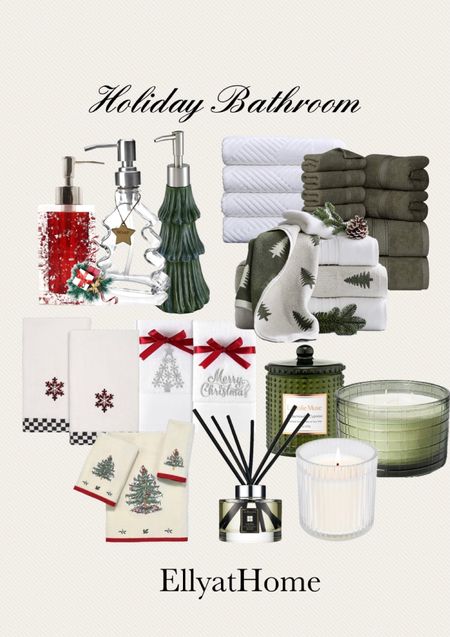 Holiday, Christmas bathroom accessories. Add a festive touch to your primary or guest bathroom for the holidays. Shop soap dispensers. Plush towels, guest towels, Christmas fragrant candles, room diffuser on sale. Holiday home decor accessories. Sales, free shipping. Macy’s, Amazon home, Target, Pottery Barn, Walmart. 

#LTKsalealert #LTKHoliday #LTKhome