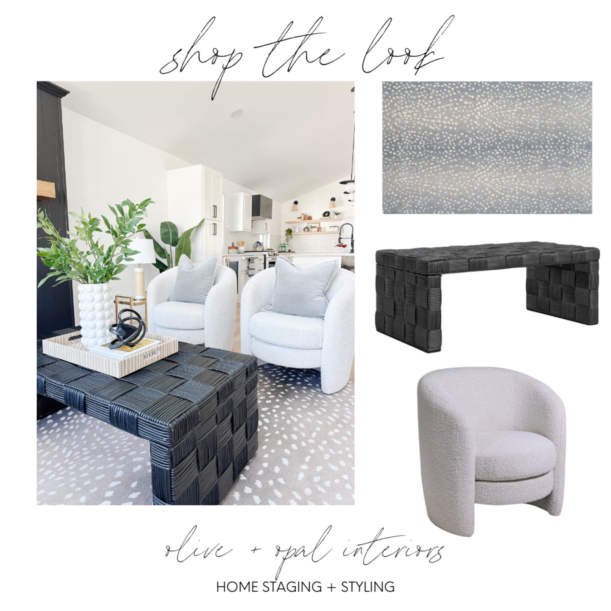 We love these textured bouclé barrel chairs, combined with the soft antelope, print rug, and a pop of black in the woven coffee table. What a beautiful living room.

#LTKFamily #LTKHome #LTKStyleTip