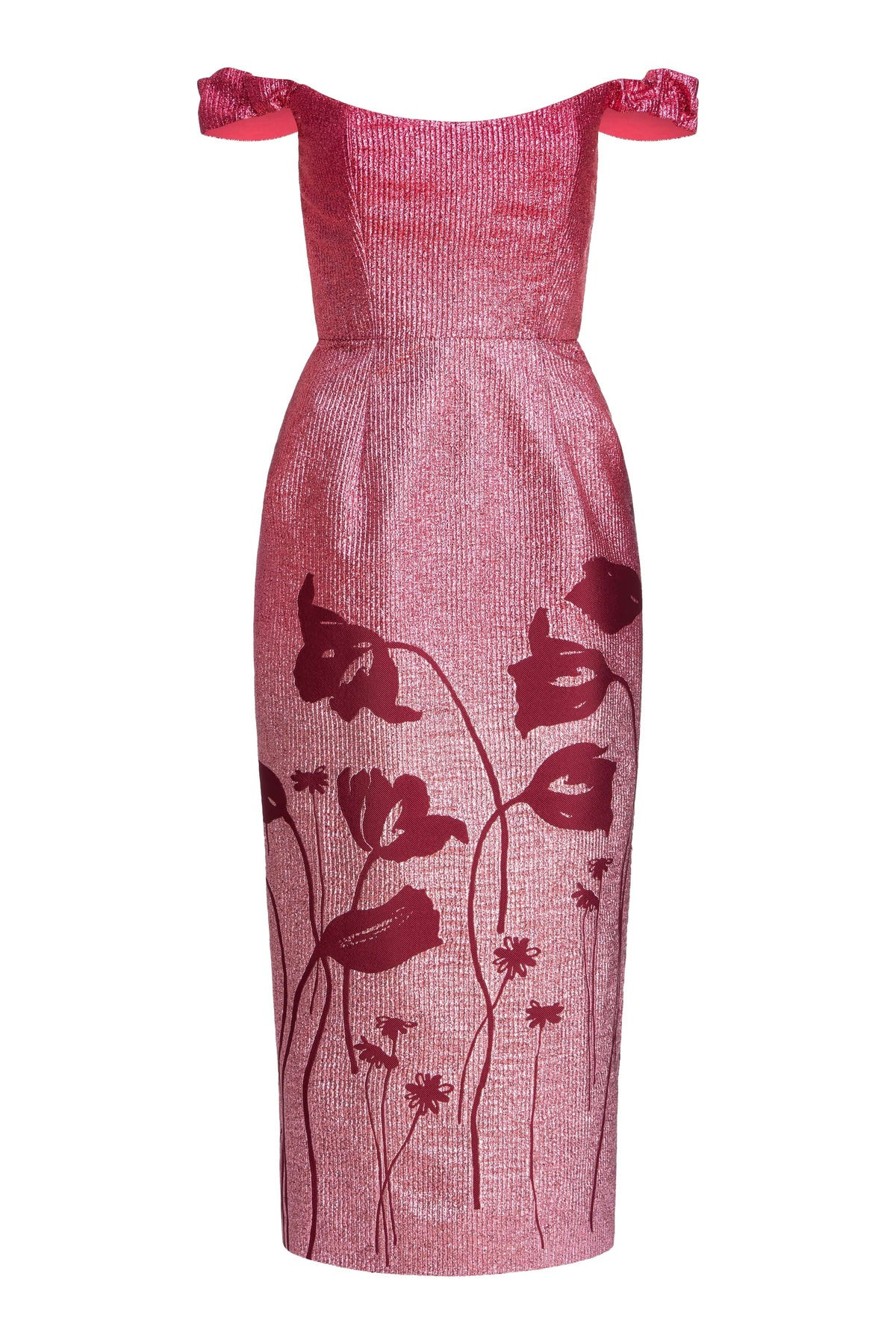 Amina Metallic Pink Floral Ombre Midi Dress | Over The Moon