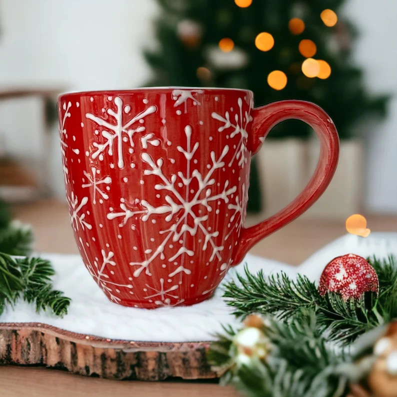 Big Xmas Mug, Xmas Mugs With Snowflake Designs, Hand Painted Mugs With Red and White Snowflakes, ... | Etsy (US)