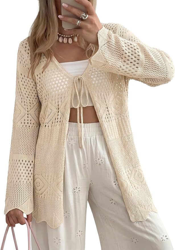 SHEWIN Crochet Cardigans for Women Long Sleeve Tie Front Bow Cardigan Sweaters Hollow Out Knit Su... | Amazon (US)