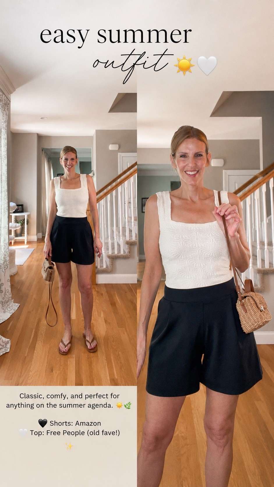 🤍 A classic summer outfit you’ll wear on repeat. These Amazon shorts are so flattering and easy to style with just about any top. Paired with an old Free People favorite and a woven bag for the perfect everyday look. ☀️✨

#LTKSeasonal #LTKOver40