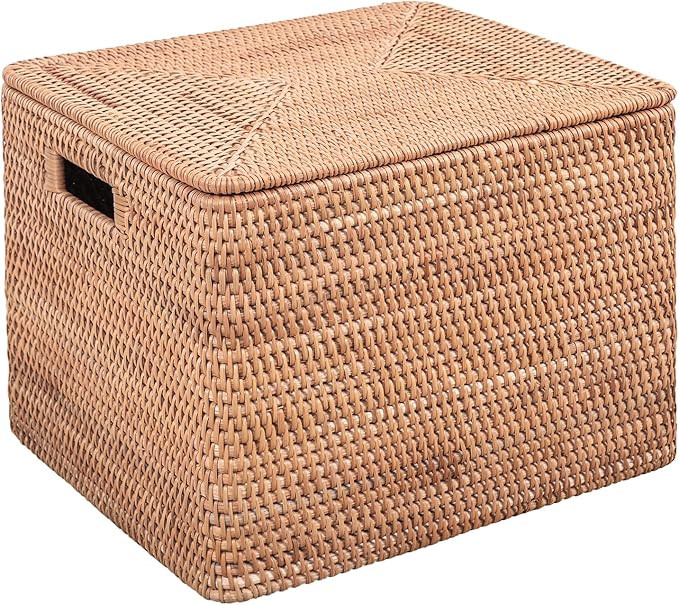 Rattan Basket With Lid, Large Lidded Basket For Storage Square Rattan Box(18.9" L×15.35"W×14.17... | Amazon (US)