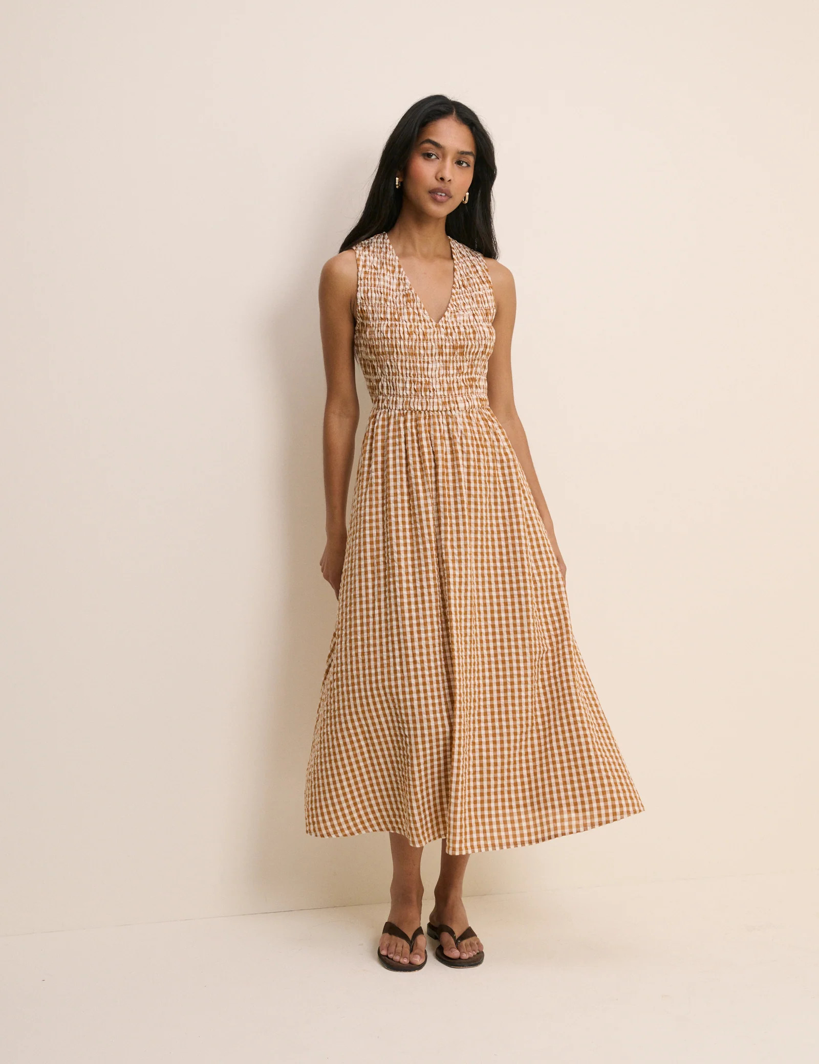 Orange Gingham Shirred Audrey Midi Dress | Nobody's Child