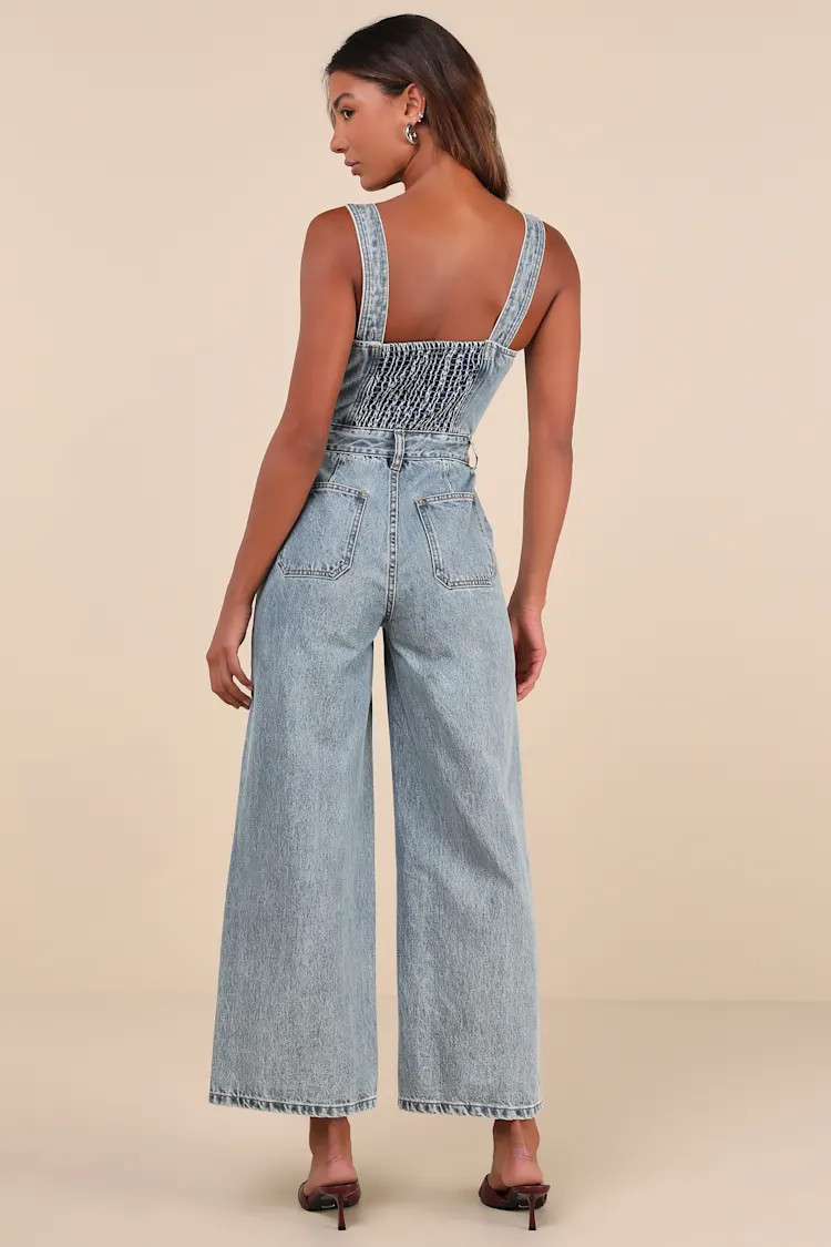 Confirmed Trendsetter Light Wash Denim Bustier Jumpsuit | Lulus