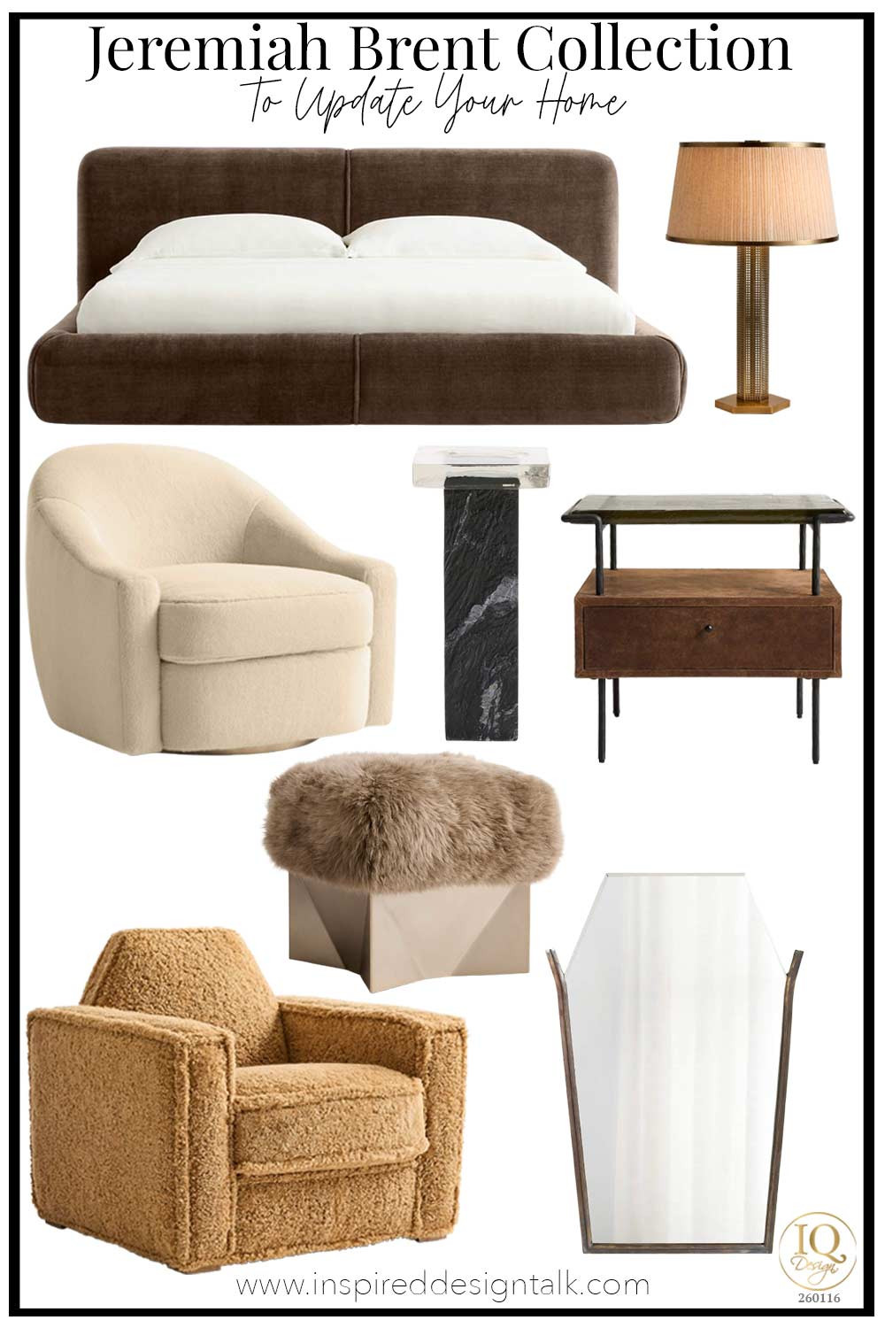 Check out my favorite pieces from the Jerimaih Brent Collection with Crate and Barrel. Create a cozy living room and bedroom with this stylish, unique home decor. Velvet bed, gold table lamp, fur swivel chair, leather and glass nightstand, glass and marble drink table, decorative mirror, shearling accent chair and ottoman pouf. 

 #LTKSeasonal #LTKOver40 #LTKHome