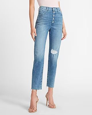 Super High Waisted Button Fly Ripped Raw Hem Slim Ankle Jeans | Express