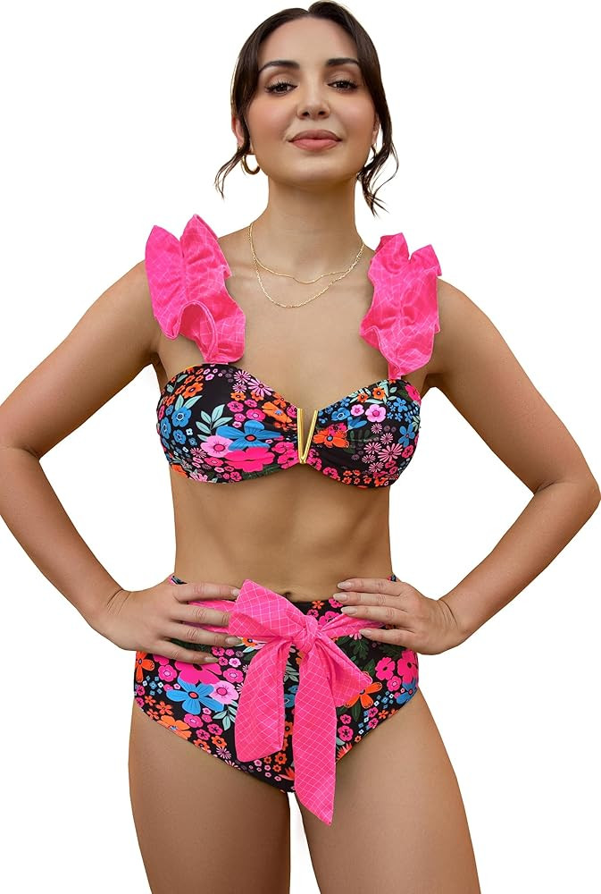 SPORLIKE Women Ruffle High Waisted Swimsuit Adjustable Straps Bikini Padded Bathing Suit | Amazon (US)