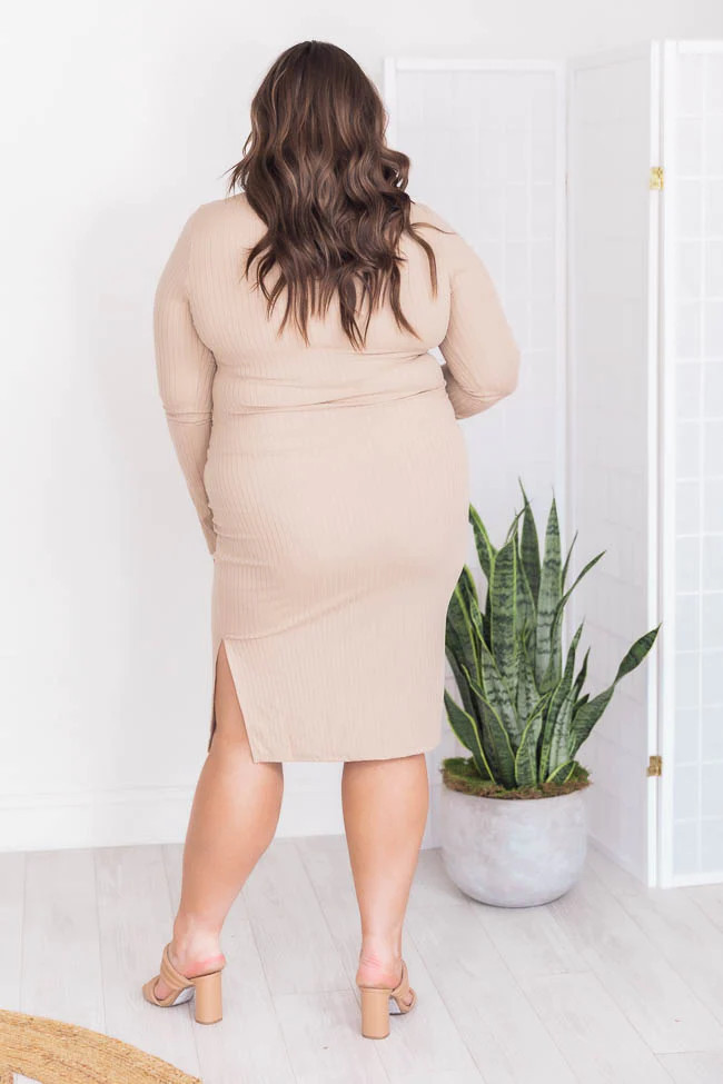 Daring Heart Ribbed Midi Taupe Dress | Pink Lily