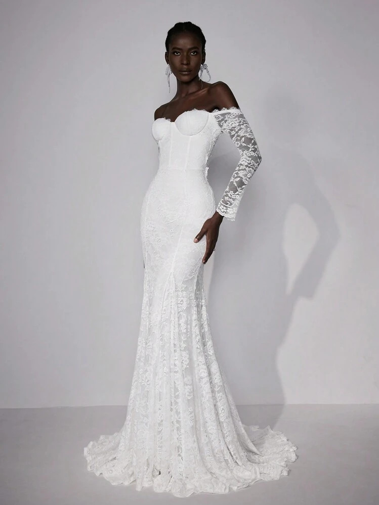 Elitara Elegant, Romantic And Gorgeous White Lace Full Lace Off-Shoulder Long-Sleeved Lace Mermaid-Shaped See-Through U-Shaped Large Backless Large Train Wedding Event Women's Wedding Dress, Bridal Dress,Bride | SHEIN