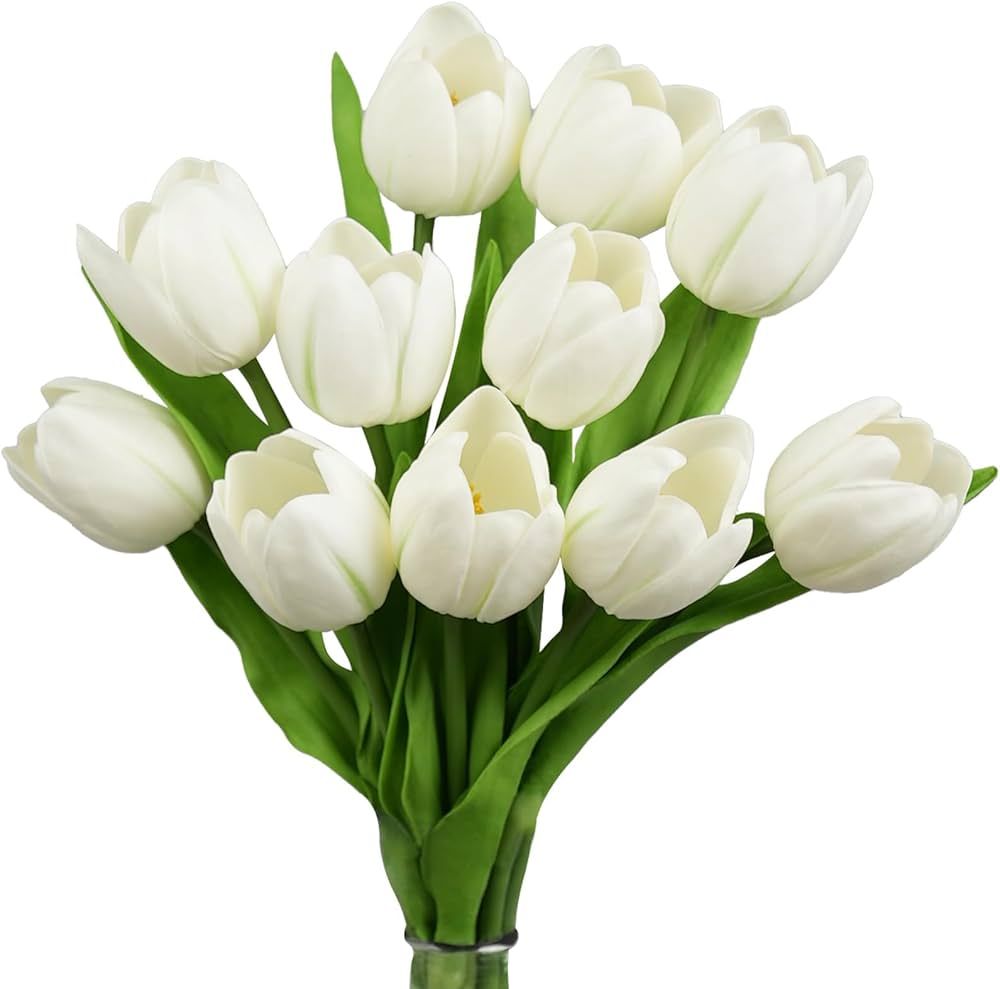 Buart White&Green Tulip Flowers Artificial Luxury Big Tulip Valentine's Day Mother's Day Easter H... | Amazon (US)