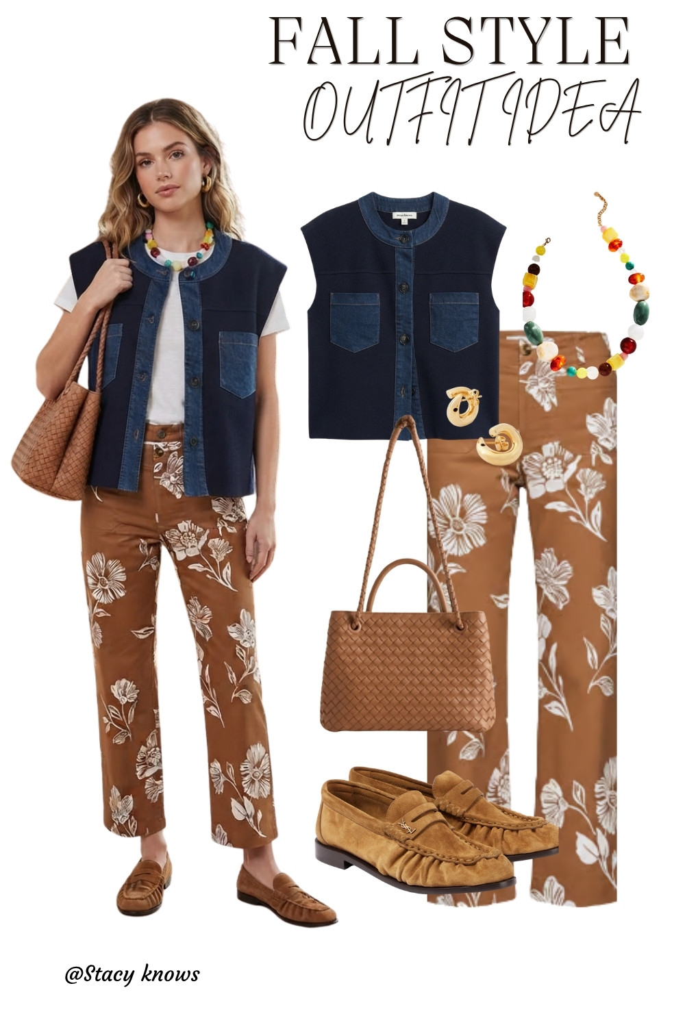Get ready for crisp autumn days with this chic, textured staple look. Featuring a unique mixed-denim sleeveless top, statement floral trousers, bold colorful beads, chunky gold earrings, suede loafers, and a woven brown leather tote bag. Perfect for transitional weather and stylish everyday outings! #LTKstyletip #FallFashion #OutfitInspiration #AutumnStyle #ChicStaples #DailyLook #LTKfall #FallOutfitIdea 

 #LTKgrwm #LTKootd #LTKSeasonal