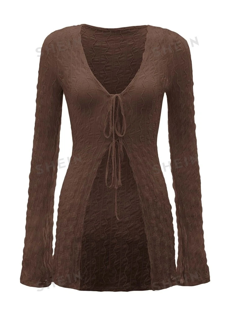 SHEIN ICON 90s Bell Sleeve Tie Front Textured Sheer Top | SHEIN