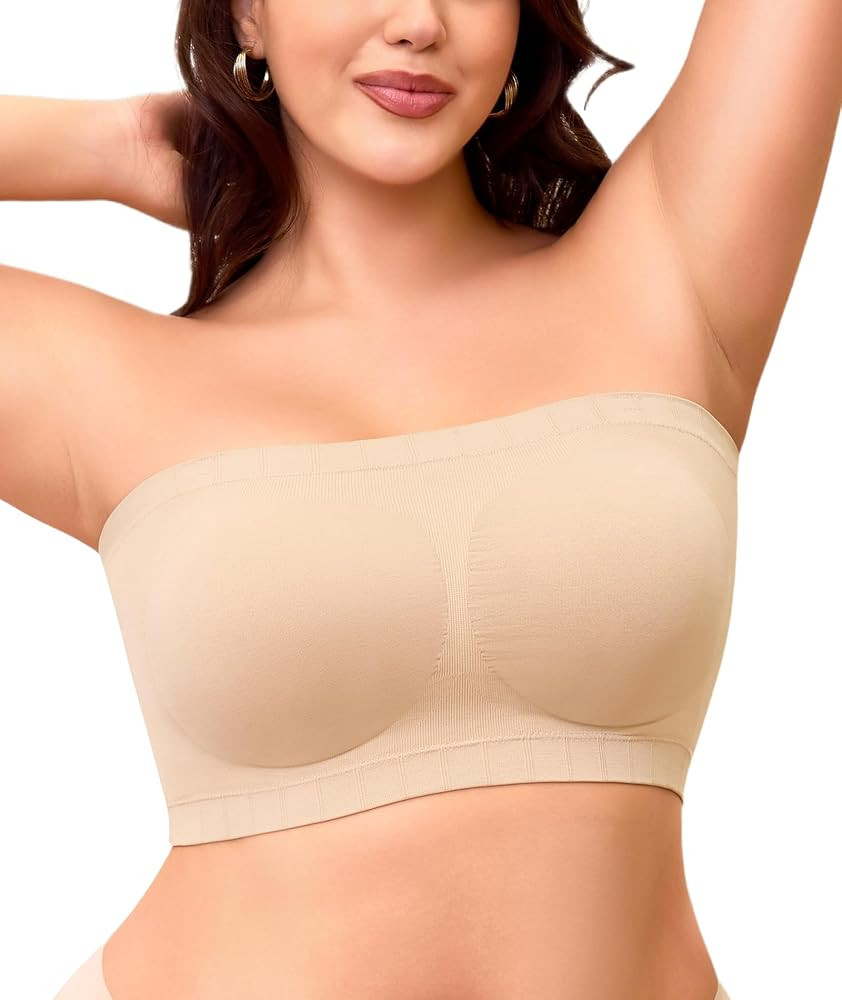 Strapless Bra for Women No Slip Silicone Grip Bandeau Bra with Fixed Pads Convertible Tube Top Br... | Amazon (US)