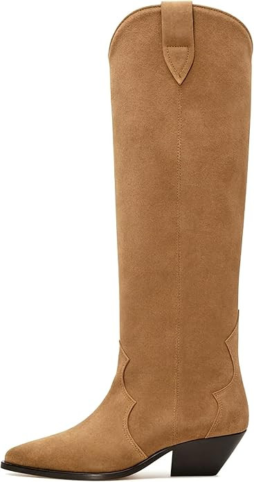Suede Cowboy Boots for Women Pointed Toe Cowgirl Knee High Boots Chunky Heels Tall Boot Dressy Pu... | Amazon (US)