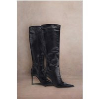 Uptown | Black Croc Fitted Over-Knee Pointed Heeled Boots | Club L London