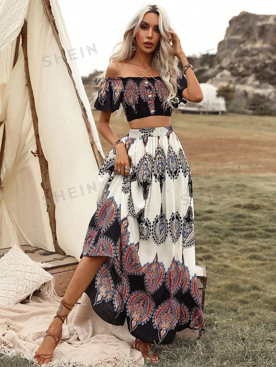 SHEIN VCAY Geo Print Shirred Detail Crop Top & Skirt | SHEIN