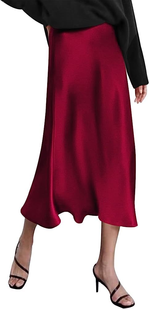 Zeagoo Womens Midi Skirt High Waisted Solid Satin Dress Zipper Elegant Work Skirts | Amazon (US)