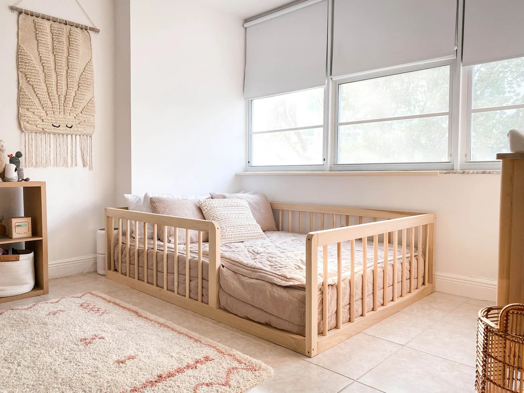 Hardwood Natural Montessori Toddler Floor Bed With Rails, Made in USA Sizes Twin, Full, Queen Sim... | Etsy (US)