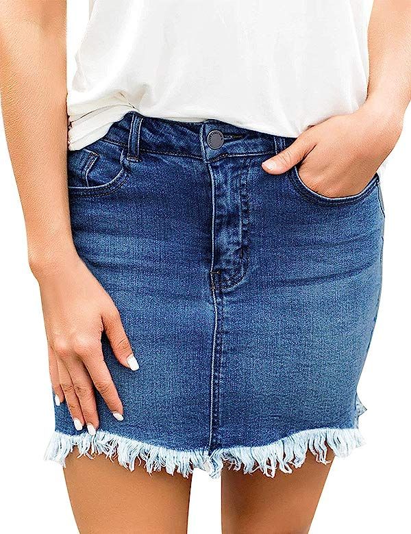 Women's Casual Pockets Frayed Faded Stretch Denim Zip Short Jeans Skirts | Amazon (US)