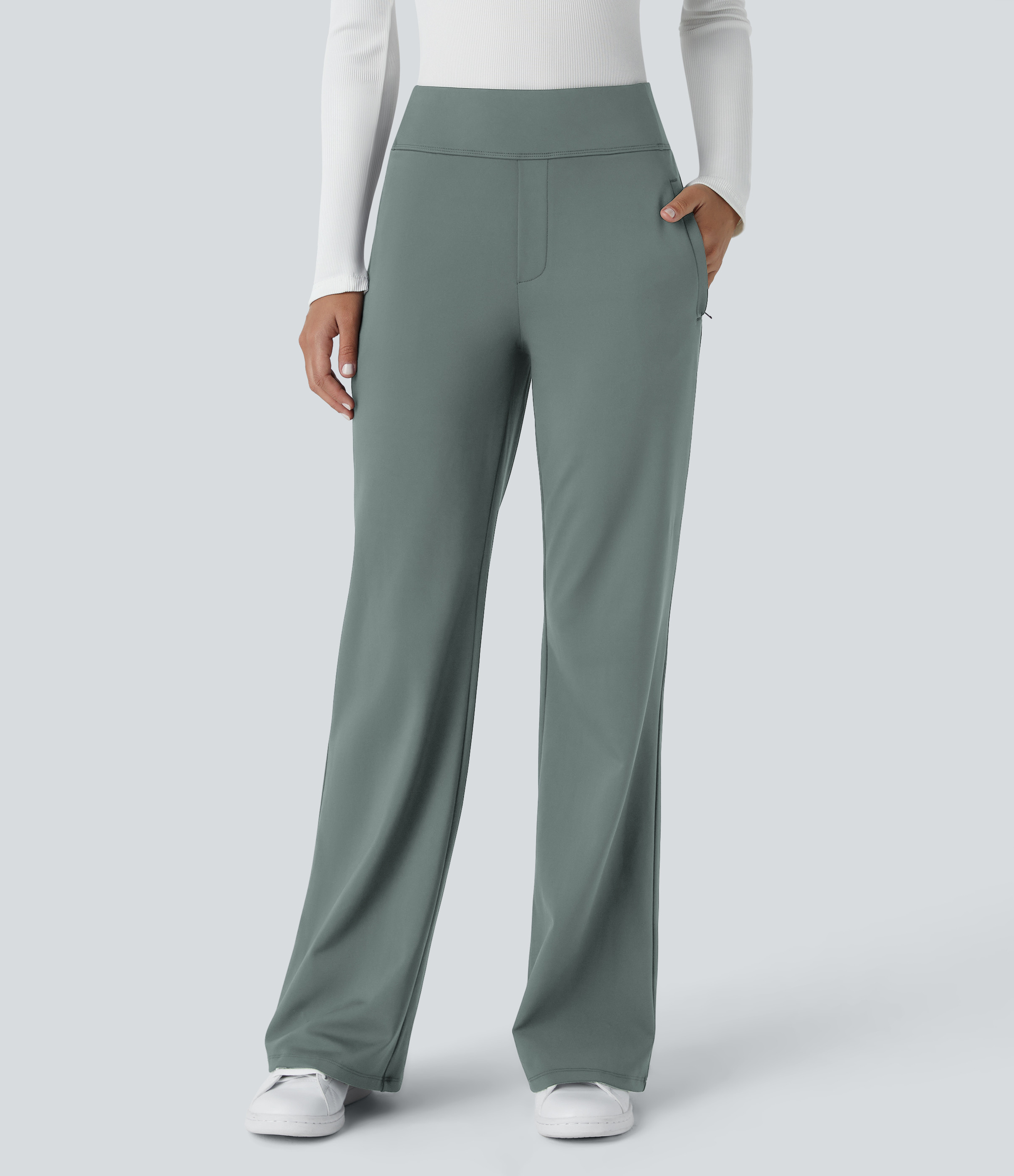 Halara Halara Flex™ High Waisted Side Zipper Pocket Work Flare Pants - Deep Aquamarine - M(regular) sweatpants jogger pants | HALARA