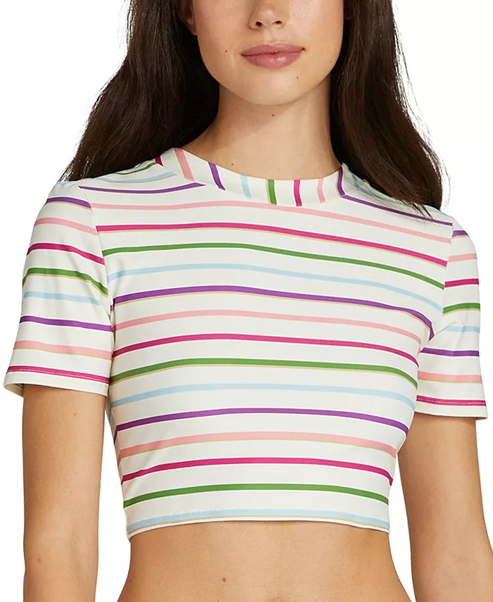 Women's Striped Tie Short-Sleeve Rash Guard | Macy's